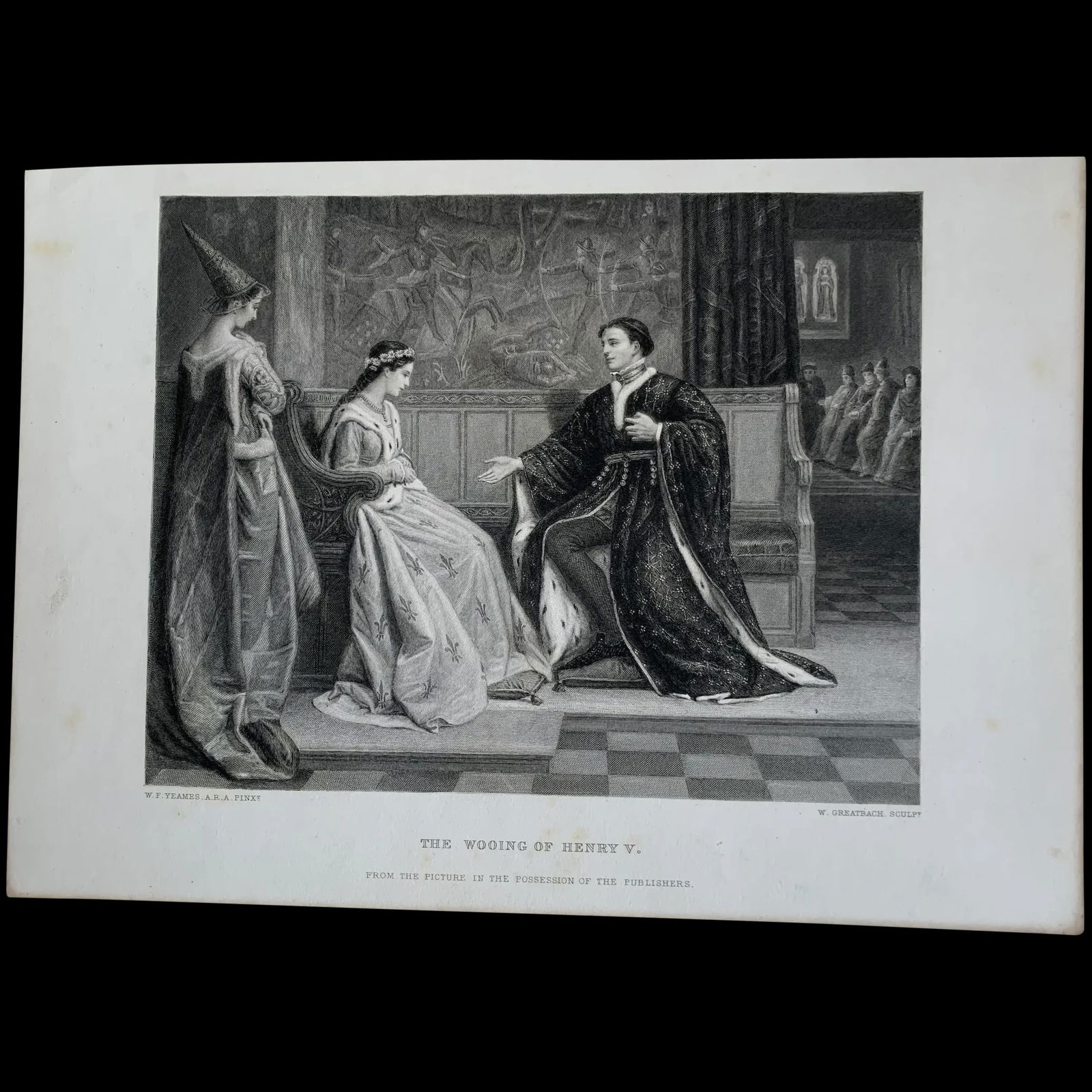 Shakespeare - Henry V of England wooing Catherine of Valois - Antique engraving: Henry V of England wooing Catherine of Valois. Title: The wooing of Henry V Engraver: William Greatbach. (1802-1885). Artist: after William Frederick Yeames (1835- 1918). Publisher: D. Appleton & Co.
