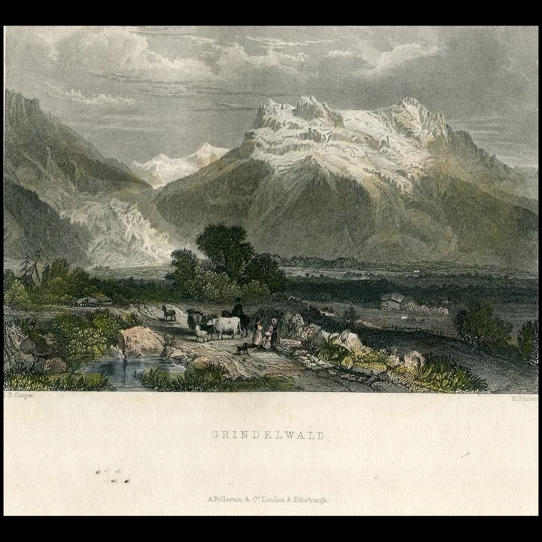 Grindelwald, Switzerland - Antique print c. 1833: Grindelwald, Switzerland Engraver: Edward Francis Finden (1791-1857). Artist: after J S Cooper 1813-1820 - ?1830 (fl.c.). Description: hand coloured antique steel engraving with people and cattle walk