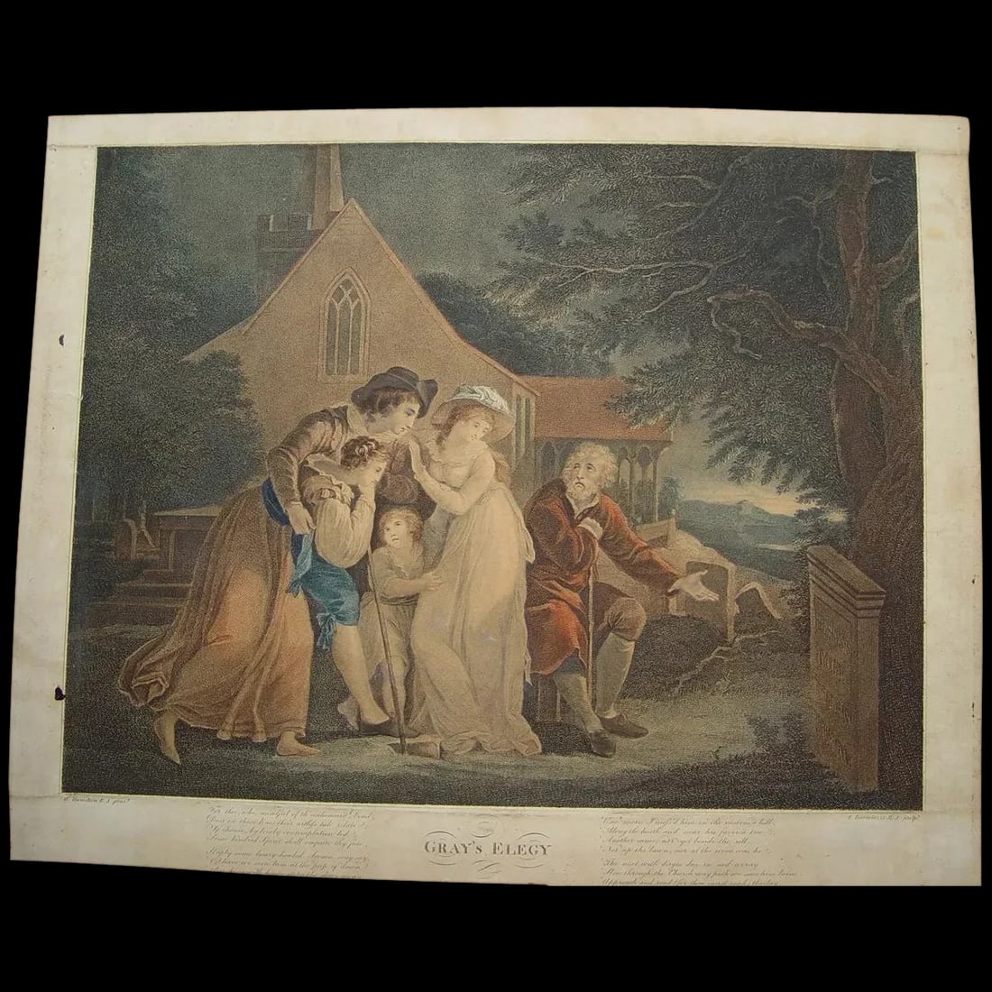 Antique engraving. Gray's Elegy after William Hamilton. Francesco Bartolozzi (1727-1815): Elegy written in a Country Churchyard is a poem by Thomas Gray, completed in 1750 and first published in 1751.[1] The poem's origins are unknown, but it was partly inspired by Gray's thoughts followin