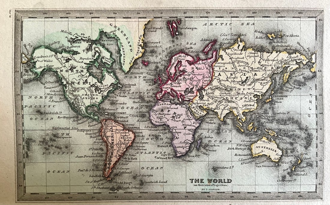 1834 World on Mercator Projection by Thomas Starling: Title: 1834 World on Mercator Projection by Thomas Starling Date/Period: 1834 Materials: Hand colored, steel engraved Size: 6 1/2 x 4 inches. This map depicts the world on a Mercator projection, notab