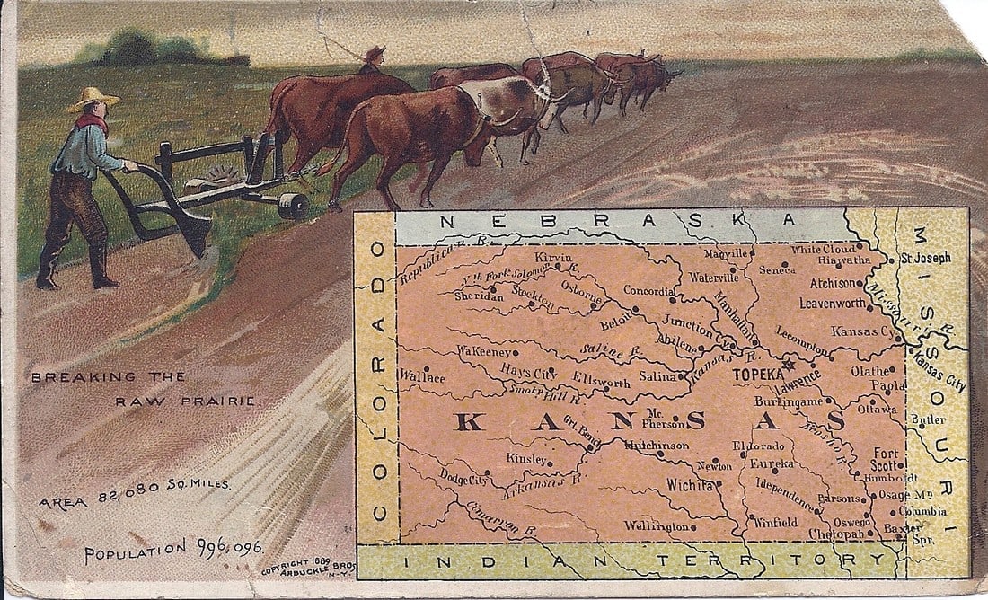 Kansas: Publication Date: 1889 Title: Kansas Cartographer: DONALDSON BROS. Publisher: ARBUCKLE BROS. Height: 1.8 Width: 3.1 No. 84 map and color lithograph of plowing on the prairie. Donaldson Bros. was famou