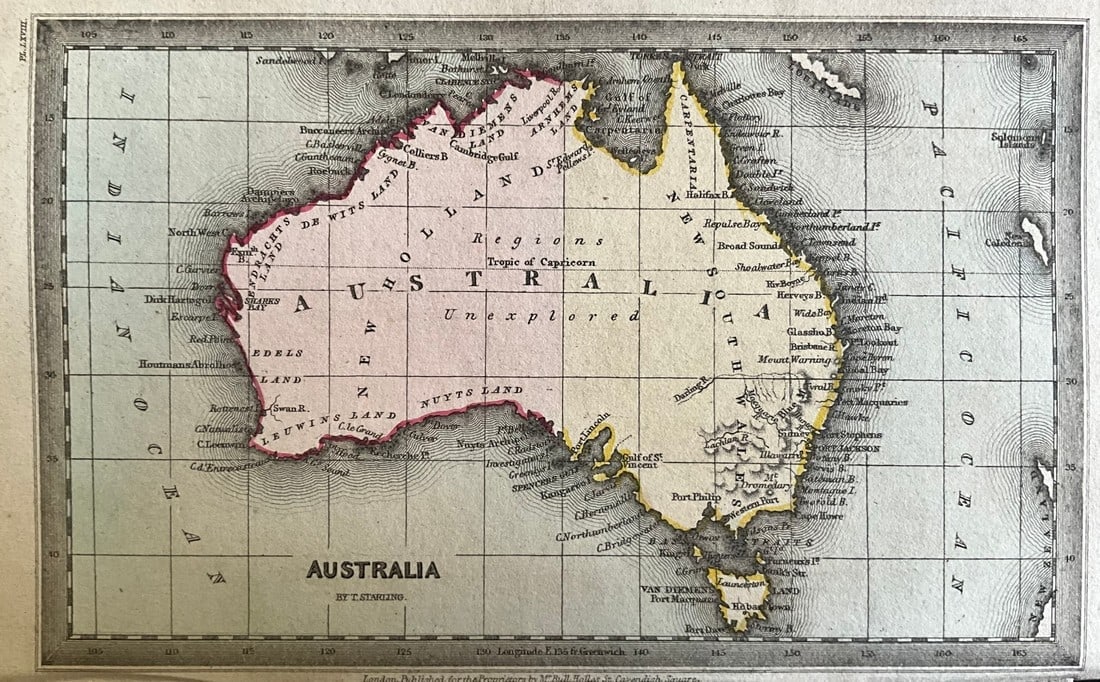 1834 Australia by Thomas Starling: Title: 1834 Australia by Thomas Starling Date/Period: 1834 Materials: Hand colored, steel engraved Size: 6 1/2 x 4 inches. This map showcases Australia in 1834, depicting only two regions with the cen