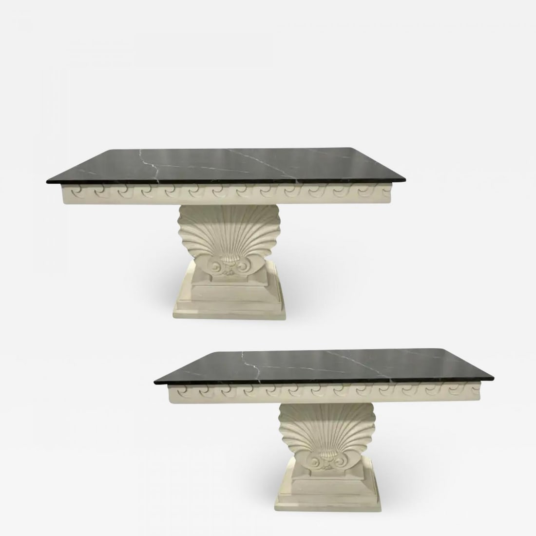 Pair of Hollywood Regency Style Shell From Console Tables, Faux Marble Top: Title: Pair of Hollywood Regency Style Shell From Console Tables, Faux Marble Top Description: Pair of Hollywood Regency Style Shell From Console Tables. Each having a Faux Marble Top over a swirl car