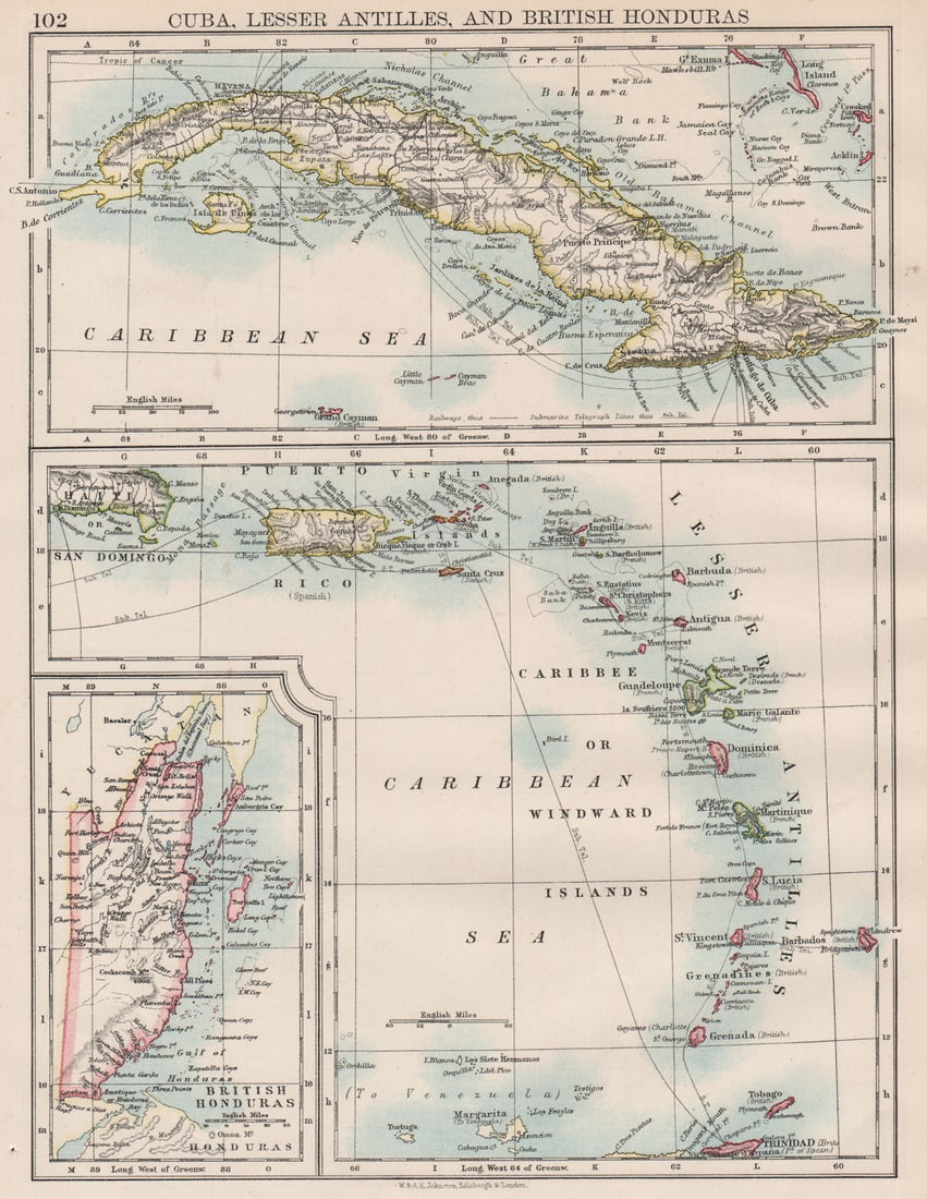CARIBBEAN ISLANDS.Cuba British Honduras Caribbee/Windward. JOHNSTON 1897 map (1 of 1)