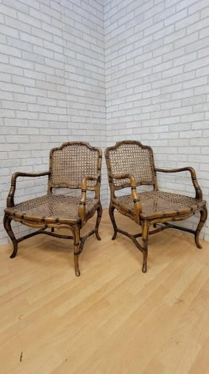 Vintage French Provincial Country Cane Faux Bamboo Wood Armchair - Pair (1 of 9)