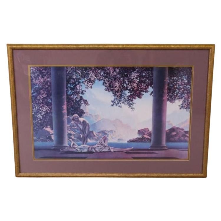 Modern Maxfield Parrish Framed Print "Daybreak": About the Item Modern "Daybreak" artwork printed under glass, features a serene scene with a reclining woman and a standing girl set against rolling hills, a tranquil body of water, and classical arch