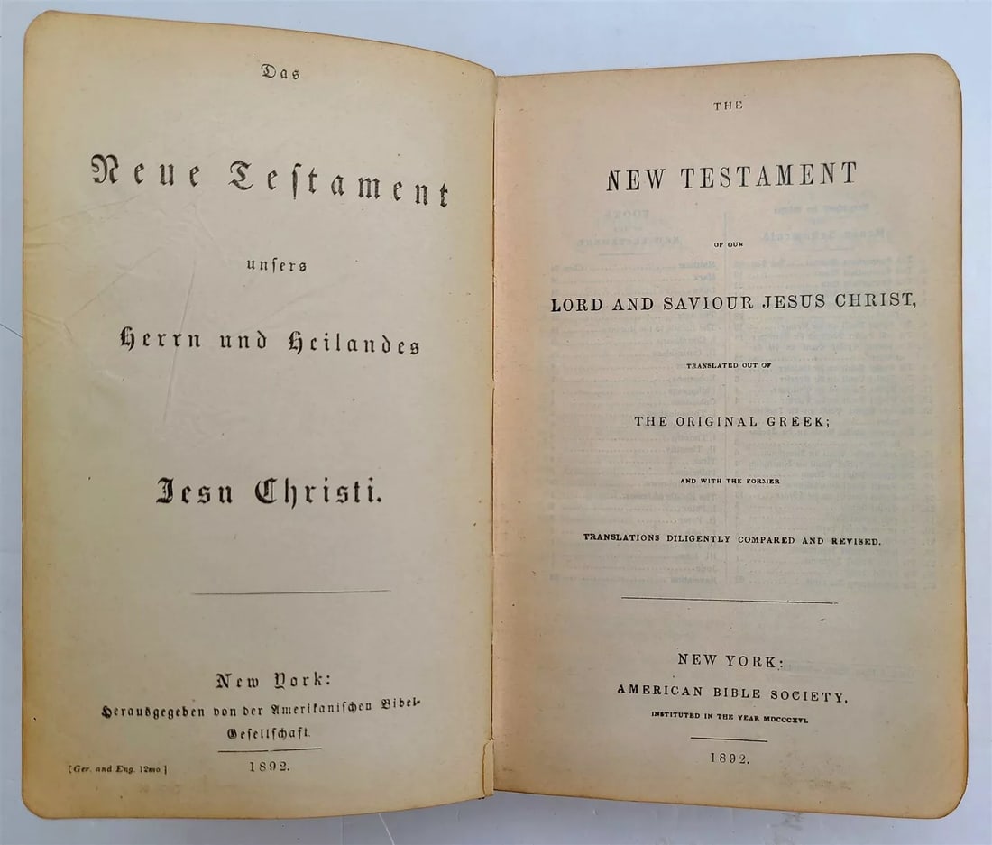 1892 BIBLE in ENGLISH & GERMAN antique NEW YORK AMERICANA OLD & NEW TESTAMENT (1 of 5)