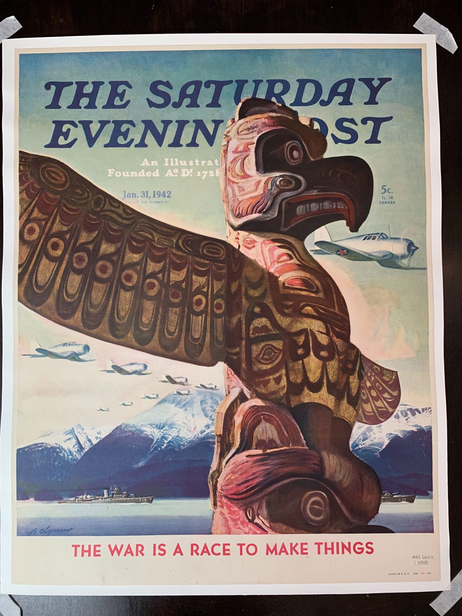 21.75x27.75 1942 Newstand Poster Saturday Evening Post - Art By John Clymer totem Pole LB (1 of 1)