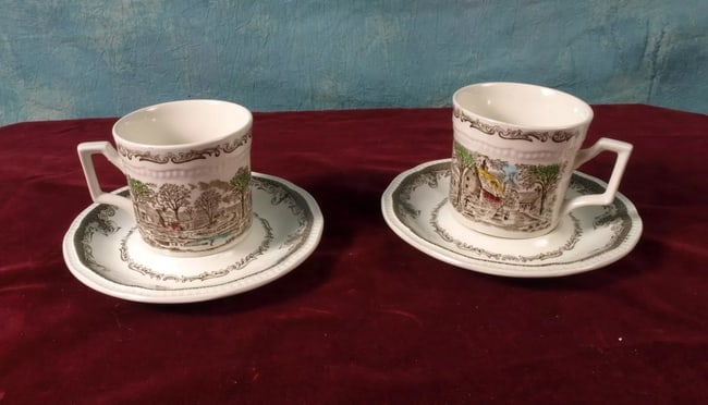 Shakespeare Sonnets set of 2 cups saucers Kensington Stafford Ironstone: DescriptionThis is a very perfect gift for two - two sets of Coffee/Teacup with Saucer from the romantic Shakespeare's Sonnets Collection by Kensington Stafford, made in England.The pattern features i