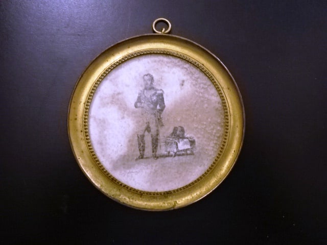 1860 Brass Bosselman Portrait Napolean: Brass picture frame with frosted type glass housing a Bosselman print of Napolean. The print with some foxing, frame in nice condition, 3.25" in diameter. Circa 1860. Reserve: $50.00 Shipping: Domesti
