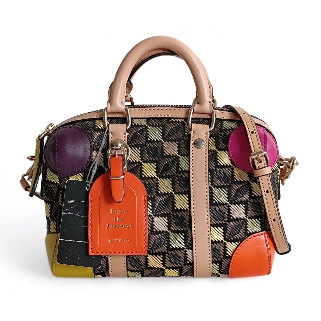 ETRO Mini Speedy shoulder bag in raffia and multicolored leather: Title: ETRO Mini Speedy shoulder bag in raffia and multicolored leather Materials: Raffia/Leather Size/Dimensions: DIMENSIONS: L: 18.5 cm - H: 13.5 cm - W: 10 cm Description: (5773B207). Etro Mini Spe