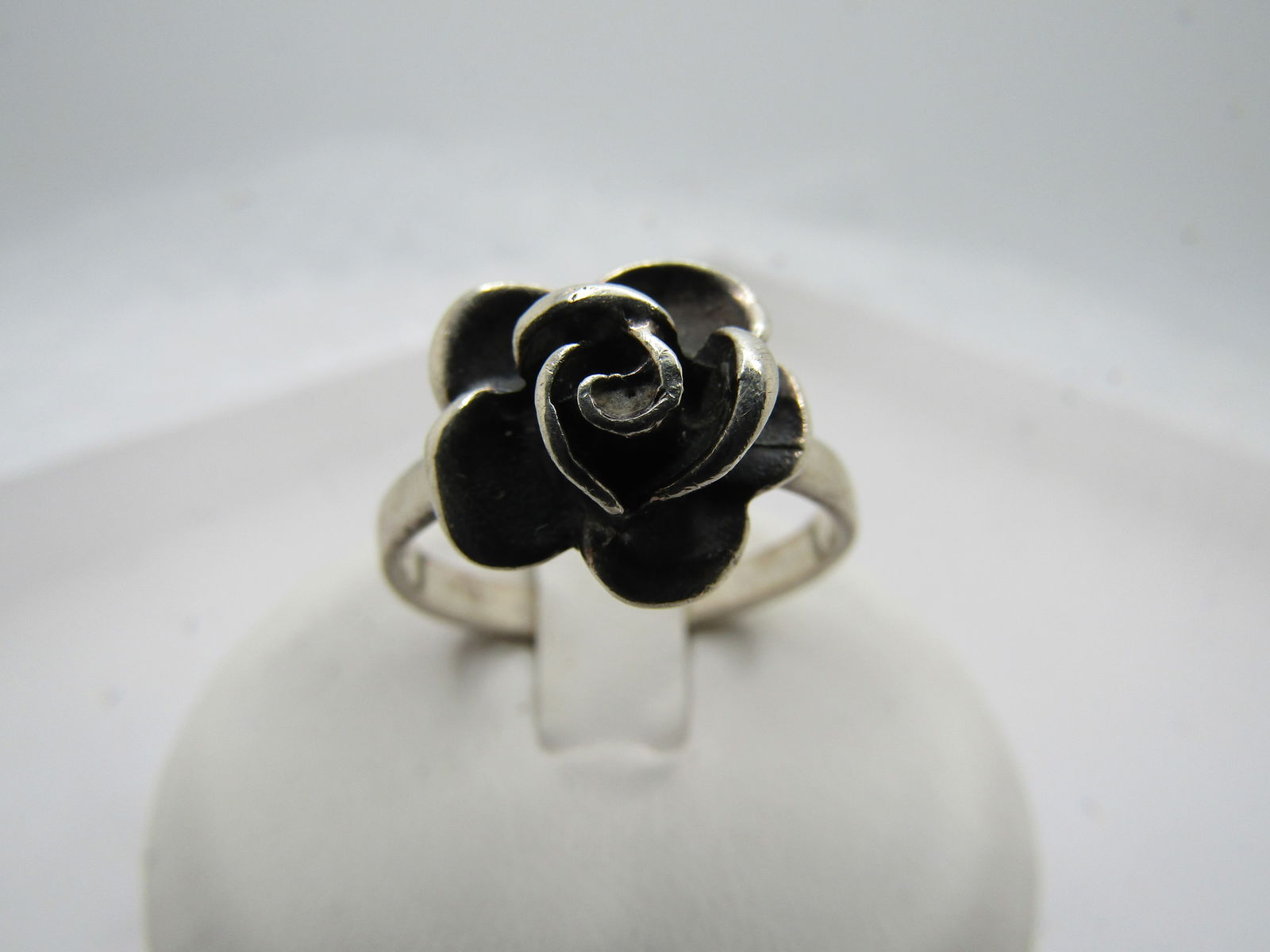 Vintage Sterling Rose Blossom Ring, Sz. 6.75, 1980's-1990's: Vintage Sterling Rose Blossom Ring, Sz. 6.75, 1980's-1990's. The blossom has a base of rounded petals and they a 3-D effect of petals in a more upright position around the center bud of the rose. It i
