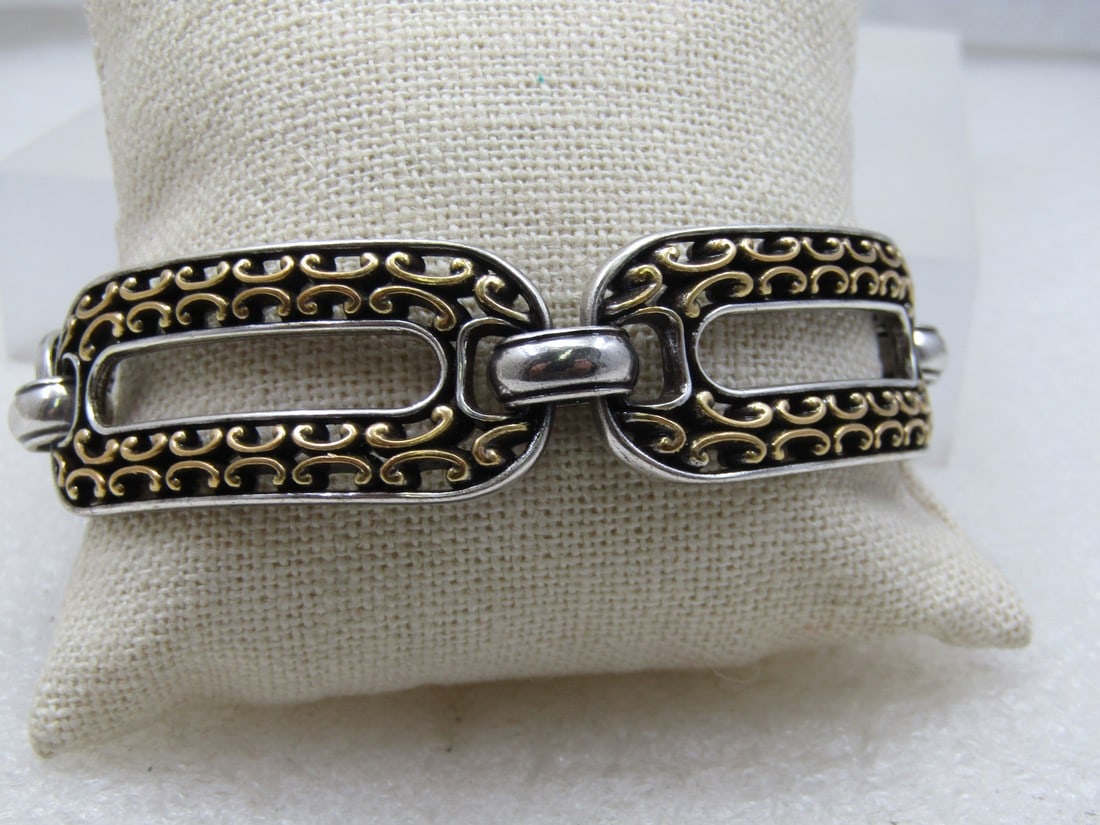 Vintage Brighton Two-Tone Bracelet, Wide Link, 7.25": Vintage Brighton Two-Tone Bracelet, Wide Link, 7.25" Long and .75" wide. Signed Brighton on the clasp and Taiwan. It has an open center to the links with gold tone scrolled design and silver tone fram