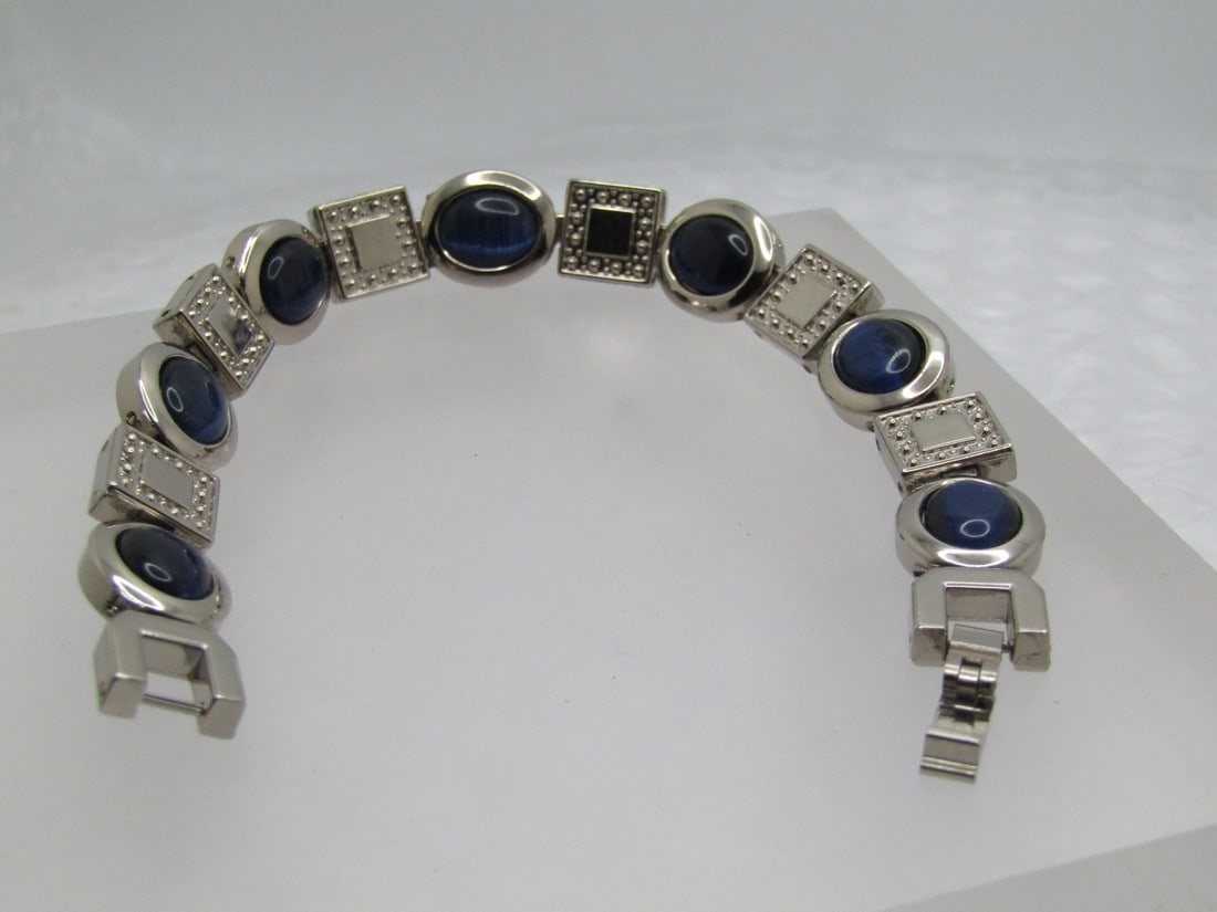 Navy Cateye Stone Bracelet, Silver Tone, 7.5", 10-11mm Wide (1 of 5)