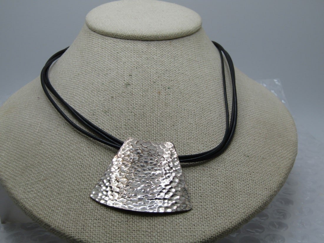 Vintage Sterling Hammered Pendant Necklace, Triple Black Cord, 19" (1 of 5)
