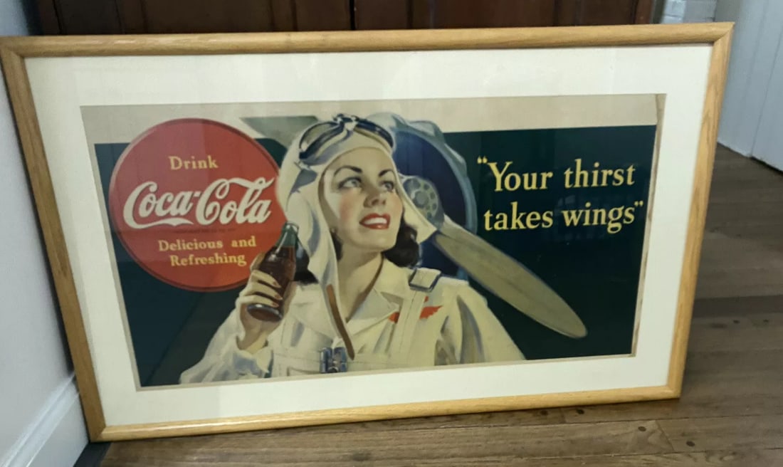 VINTAGE ORIGINAL COCA COLA ADVERTISING SIGN "YOUR THIRST TAKES WINGS " 1940'S CARDBOARD (1 of 10)