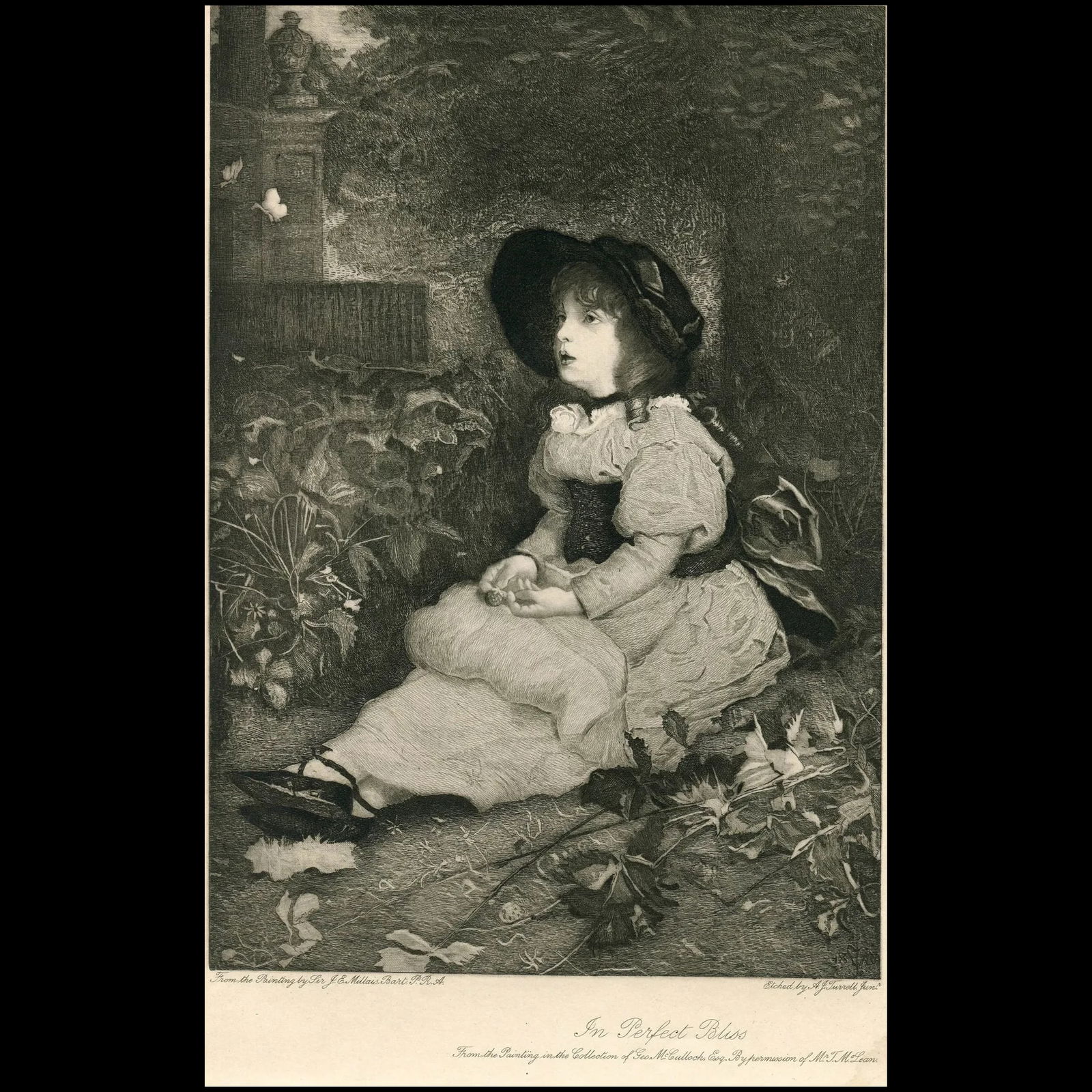 In Perfect Bliss, after J.E. Millais. A.J. Turrell: Title: In Perfect Bliss. Artist: after John Everett Millais (UK 1829 – 1896) Etcher: Arthur James Turrell (1871-1940). Description: Published in The Art Journal. Size: 25x17,5 cm. Condition: fox