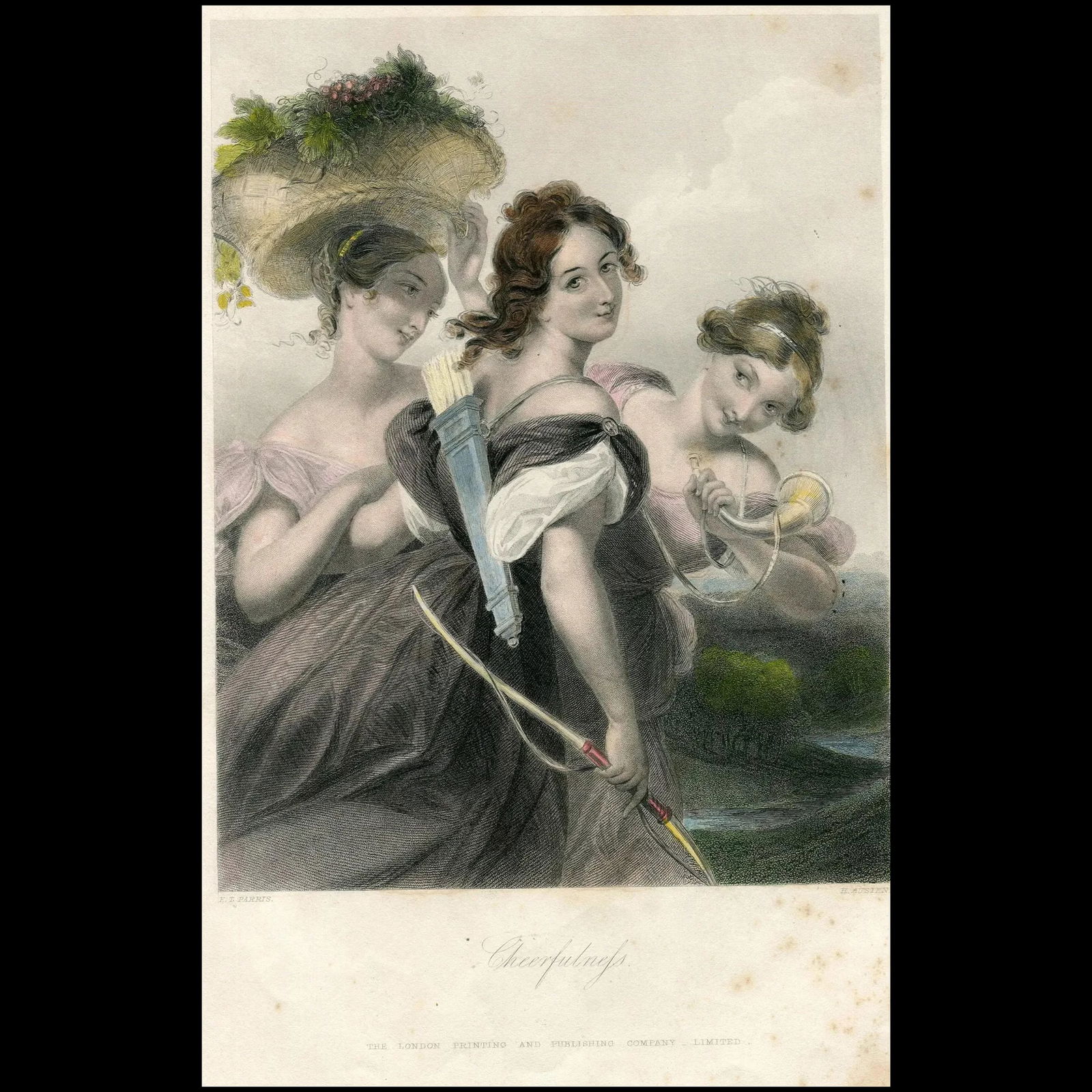 Cheerfulness, after E.T. Parris. H. Austen (1836): Title: Cheerfulness. Artist: after Edmund Thomas Parris (1793 – 1873). Engraver: H. Austen (1830- ). Description: Three women outdoors, one with archery equipment, looking over her shoulder to v