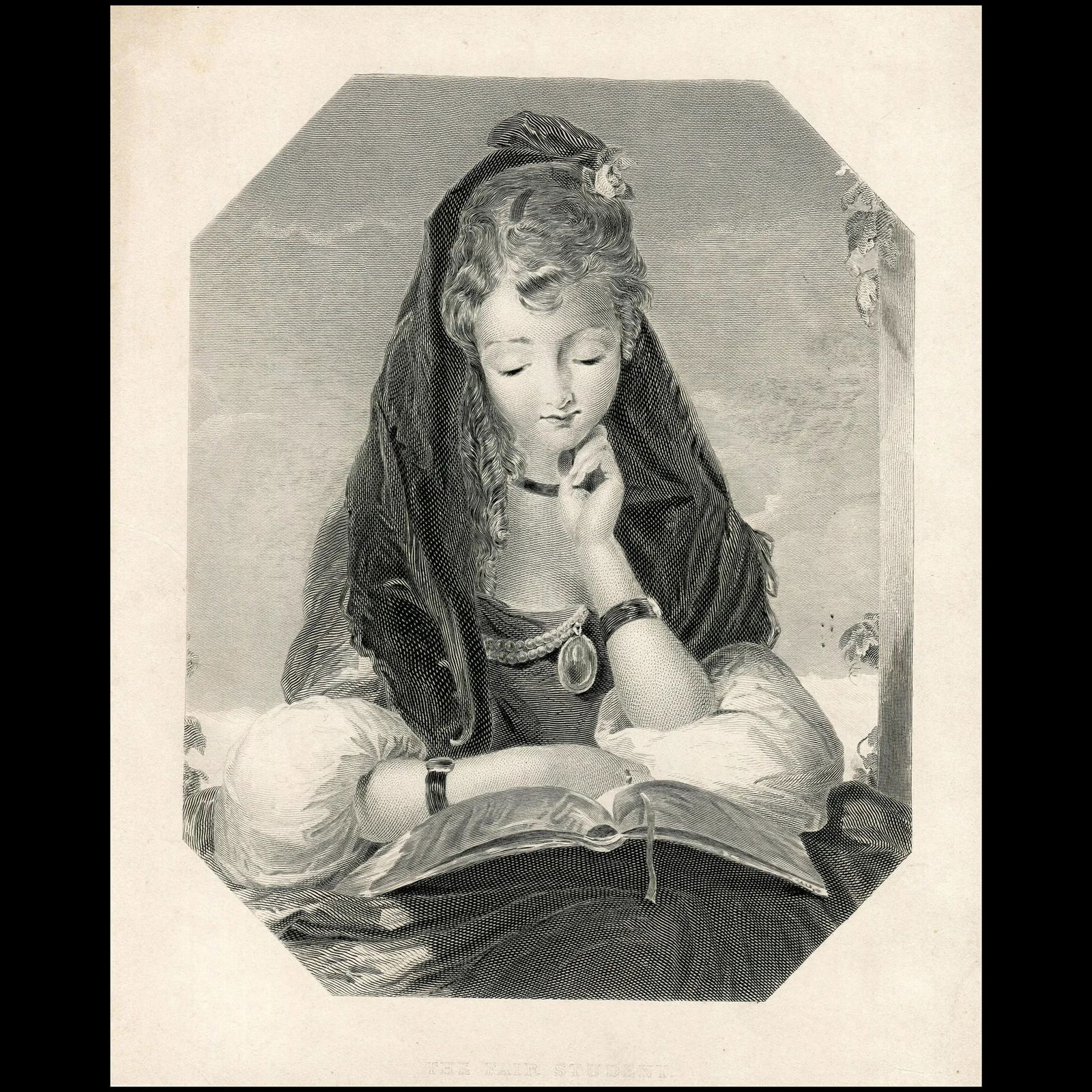 The fair student, after Gilbert Stuart Newton. Samuel Sangster: Title: The Fair Student Print made by: Samuel Sangster (1805-1872) After: Gilbert Stuart Newton (1794-1835) Description: A girl sitting three-quarter length to front in an oval frame, reading a book i