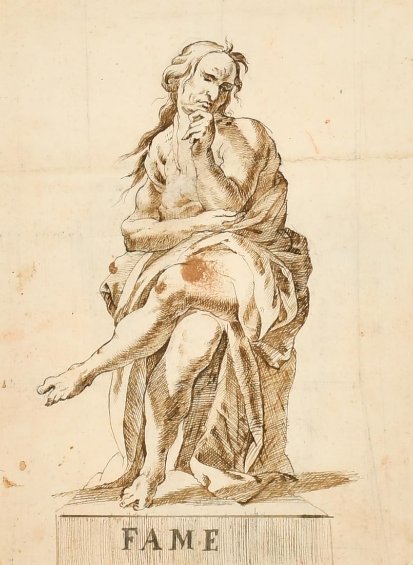 Fine 1700's Italian Old Master Ink & Wash Drawing Roman Allegorical Figure Fame 18th century (1 of 3)