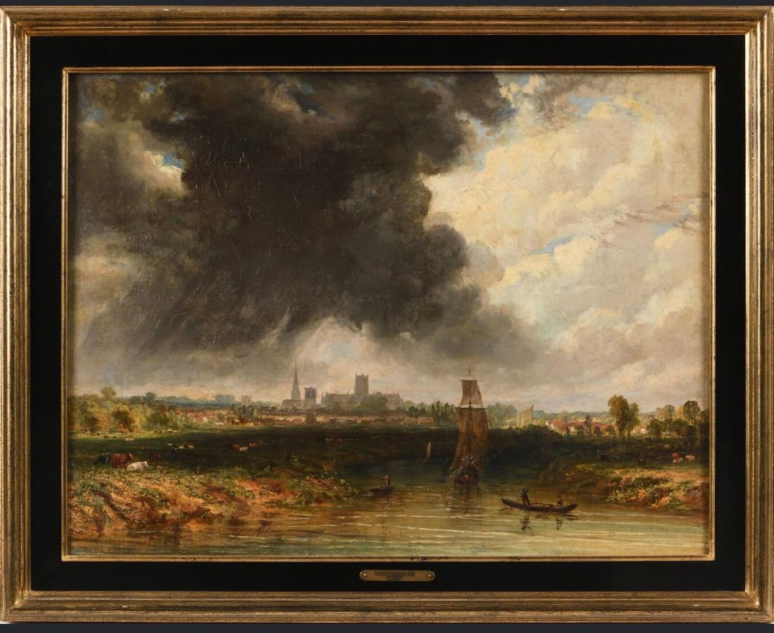1830's English Oil Storm Clouds Norfolk Landscape Norwich Cathedral River Yare 1830's: About the Item Storm Clouds over the River Yare *see notes below English School, circa 1830's circle of John Constable (English 1776-187) oil painting on canvas, framed canvas: 18 x 25 inches conditio