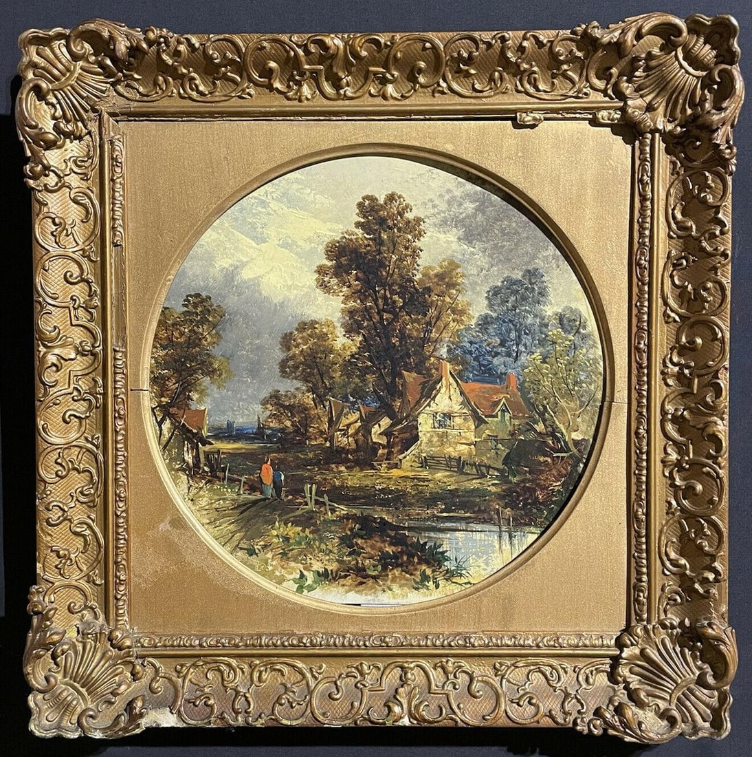 VICTORIAN OIL FOLLOWER OF JOHN CONSTABLE RURAL RIVER LANDSCAPE WITH FIGURES c. 1850's: About the Item "The River Cottage" British School, 19th century follower of John Constable oil painting on board, framed painting: 12.5 x 12.5 inches framed: 17.5 x 17.5 inches A very lovely Victorian