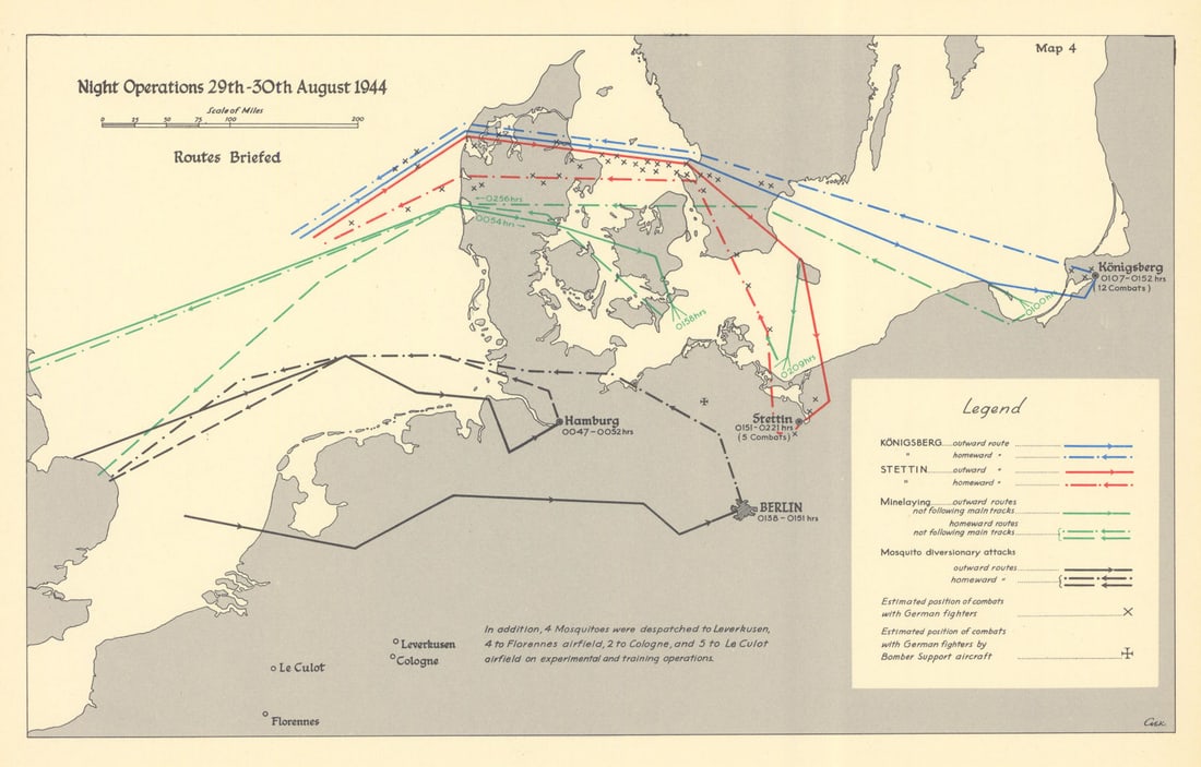 RAF Bomber night operations 29-30 August 1944. Routes briefed. WW2 1961 map (1 of 1)