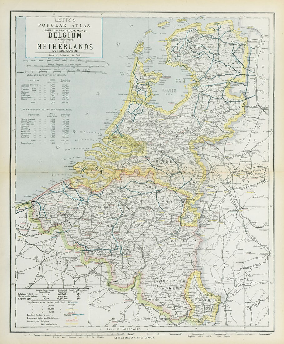 BENELUX. Netherland Belgium & Luxembourg. Lighthouses canals. LETTS 1883 map: TITLE/CONTENT OF MAP: 'General and Statistical map of Belgium (La Belgique) and the Netherlands (De Nederlanden)' DATE PRINTED: 1883 IMAGE SIZE: Approx 43.0 x 35.5cm, 17 x 14 inches (Large); Please no