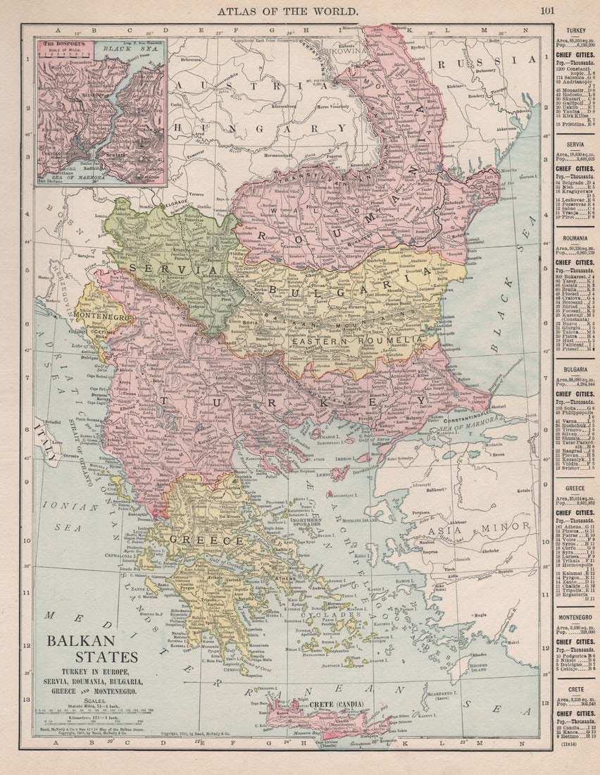 BALKANS Turkey Servia Roumania Bulgaria Greece Montenegro. RAND MCNALLY 1912 map: TITLE/CONTENT OF MAP: 'Balkan States. Turkey in Europe, Servia, Roumania, Bulgaria, Greece and Montenegro; Inset The Bosporus' DATE PRINTED: 1912 IMAGE SIZE: Approx 33.5 x 26.0cm, 13.25 x 10.25 inches