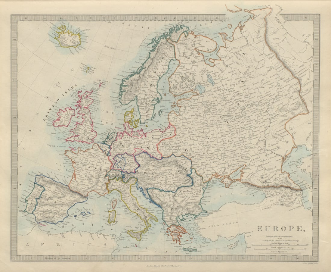 EUROPE political. Newly unified Germany. Austria Turkey Russia. SDUK 1874 map: TITLE/CONTENT OF MAP: 'EUROPE' DATE PRINTED: 1874 IMAGE SIZE: Approx 34.0 x 41.5cm, 13.5 x 16.25 inches (Large) TYPE: Antique steel engraved map with original outline hand colouring CONDITION: Good; s