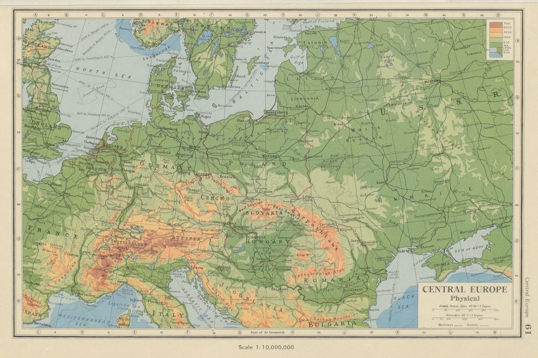 CENTRAL EUROPE Physical. Post World War 2 borders. BARTHOLOMEW 1947 old map: TITLE/CONTENT OF MAP: 'Central Europe Physical' DATE PRINTED: 1947 IMAGE SIZE: Approx 22.5 x 34.0cm, 8.75 x 13.25 inches (Large) TYPE: Vintage colour atlas map CONDITION: Good; suitable for framing. P