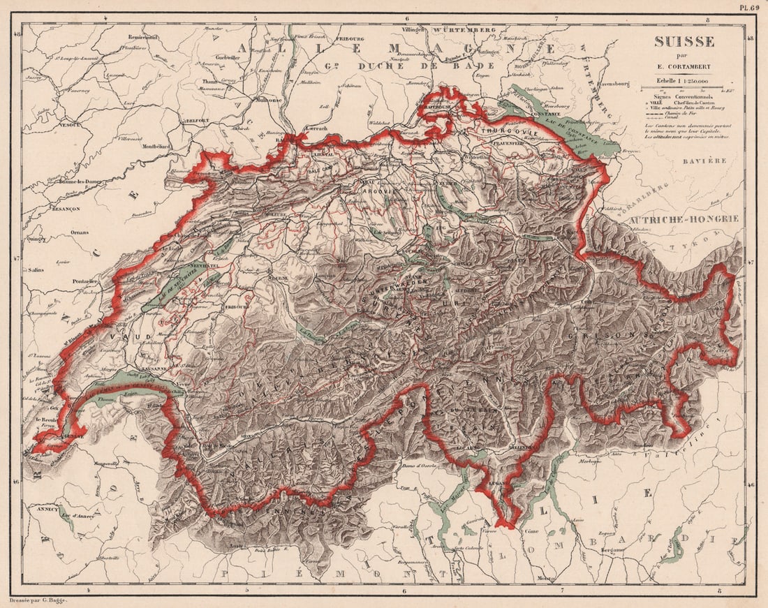 SUISSE Schweiz Switzerland physical. Lakes rivers mountains railways 1880 map (1 of 1)