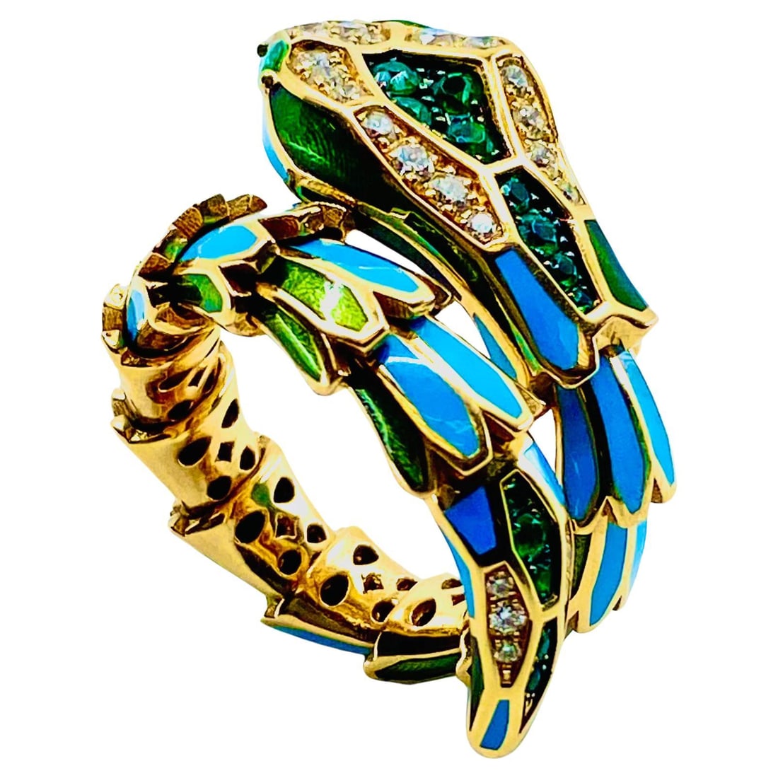 Crivelli Snake Ring 18k Gold Enamel Gemstones: About the Item A gorgeous snake ring by Crivelli, made of 18k gold, featuring enamel and gemstones. This wrap-around ring boasts an intricate design marked by Crivelli’s distinctive features. Co