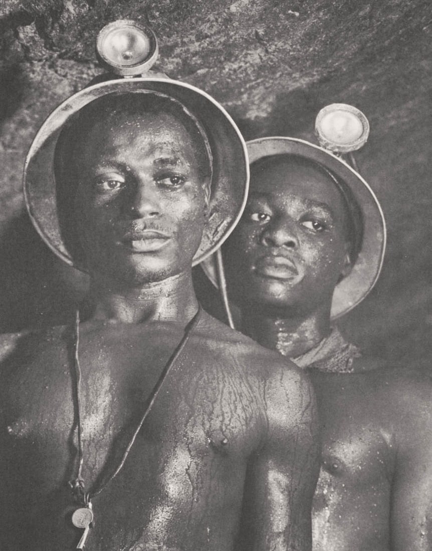 MARGARET BOURKE WHITE - Gold Miners, Johannesburg, South Africa, 1950: Artist: MARGARET BOURKE WHITE Print Title: Gold Miners, Johannesburg, South Africa, 1950 Printing Date: 1970’s Medium: Photoengraving Printed in: the US Image Size approx: 8.5 x 6.5” Marga