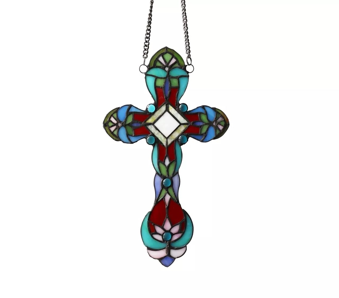 13.2" Stained Glass Cross Window Hanging Panel Suncatcher: 7 1/2" x 3" Beautiful reproduction handmade cross design, handcrafted with tiffany-stained glass. The hand crafted Tiffany panel is made up of 79 pieces of hand cut, stained art glass and 6 glass bead