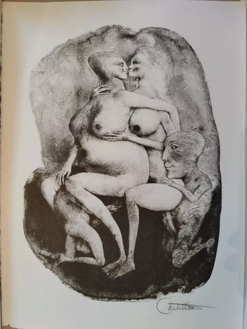 AMERICAN SURREALIST Erotic Lithograph FEDERICO CASTELLON 1947 Mid-Century MODERN: A fine mid-century etching in from Federico Castellon (1914-1971). This 1947 surreal depiction of a Chinese family is based upon real world experience Castellon had in east Asia during World War II. I