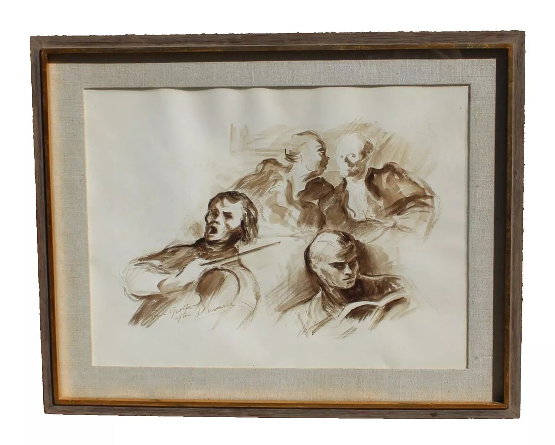 JOHN GROTH after Daumier Original watercolor & Ink Four Figures: JOHN GROTH (1908-1988). AFTER DAUMIER: Four Figures, 19" x 24-1/2" sight size watercolor and ink (framed size: 25-1/2" x 32") signed lower left: John Groth After Daumier. Features four figures, one ho