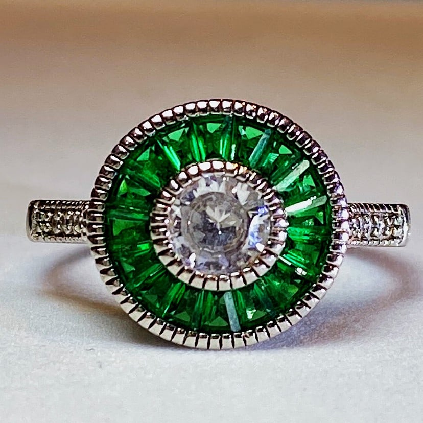 925 Silver Emerald White Topaz Sunburst Baguette Halo Diamond Ring (1 of 4)