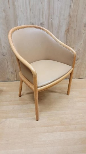 Vintage Mid Century Modern Barrel Back Leather Armchair by Ward Bennett for Brickel Associates: Vintage Mid Century Modern Barrel Back Leather Armchair by Ward Bennett for Brickel Associates Elegant Mid Century modern barrel back armchair, designed & labeled by the iconic Ward Bennett. This chai