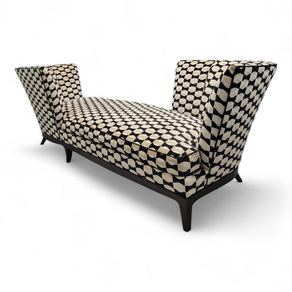 Vintage Oversized Geneva Tete-a-Tete Chaise Lounge by Donghia Newly Upholstered in Designer Bow-Tie: Vintage Oversized Geneva Tete-a-Tete Chaise Lounge by Donghia Custom Upholstered in Plush "Black & Gold" Designer Bow-Tie Patterned Chenille This Donghia chaise lounge with a six legged base would be