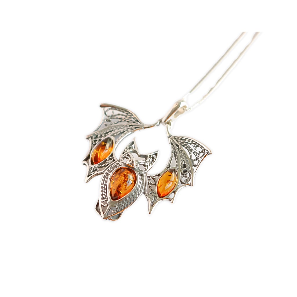 Baltic Amber Gothic Bat Pendant Necklace In 925 Sterling Silver: Title: Baltic Amber Gothic Bat Pendant Necklace In 925 Sterling Silver Description: This captivating Baltic amber gothic bat pendant necklace is crafted in spooky style. Its 925 sterling silver accent
