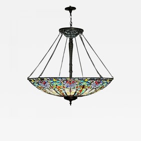 Quoizel, Tiffany Style, Bowl Chandelier, Resin, Art Glass, Bronze, 2010s