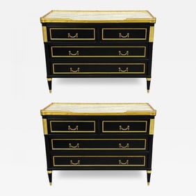 Louis XVI Style, Hollywood Regency, Commodes, Black Painted Wood, Bronze, Marble