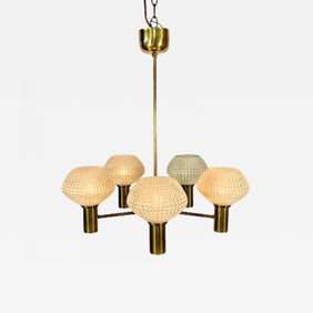 Swedish Mid-Century Modern Chandelier, Five Light, Brass and Textured Glass