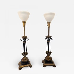 Pair of Hollywood Regency Stiffel Co. Brass and Ebonized Column Form Table Lamp