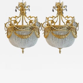 A Pair of Gilt Bronze Louis XVI Style Ballroom Chandeliers, Crystal, Rewired