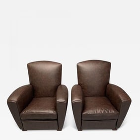 Jacques Adnet Style, French Art Deco Club Chairs, Distressed Leather, Oak, 1930s