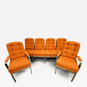 Set of Six Mid Century Modern Dining Chairs, Milo Baughman Style, Chrome, Fabric