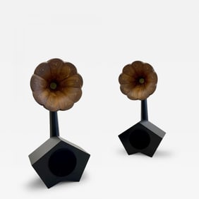 Pair Solid Wood Floor Standing High Fidelity Speakers, Walnut, Ebony, Gold Leaf