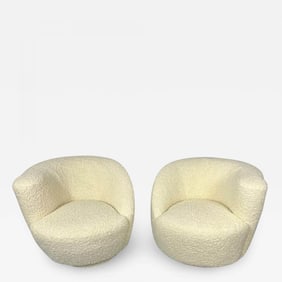Mid-Century Modern Nautilus Style Swivel Chairs, Kidney-Shape, White Boucle